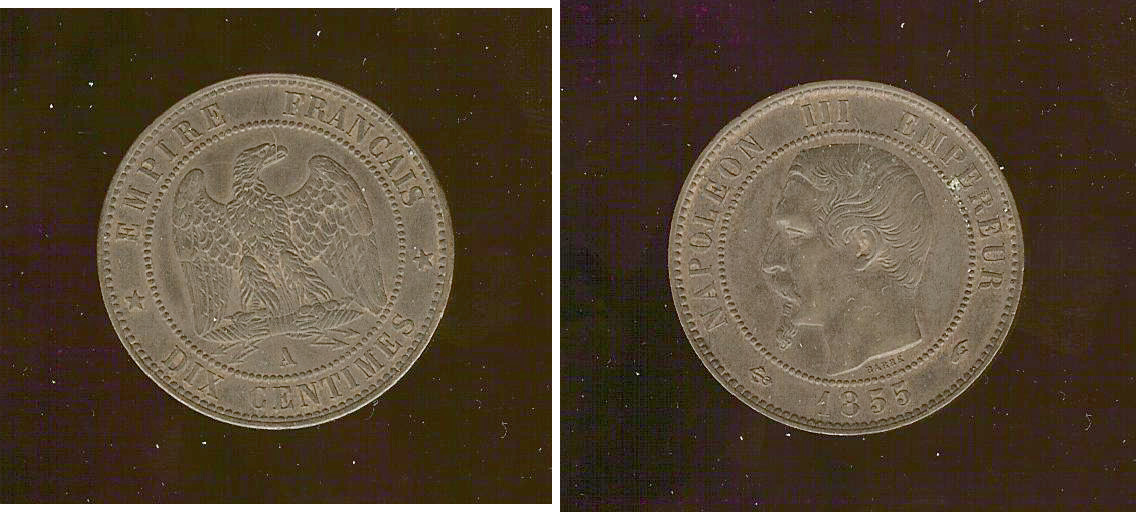 Dix centimes Napoléon III, tête nue 1855 Paris  SUP